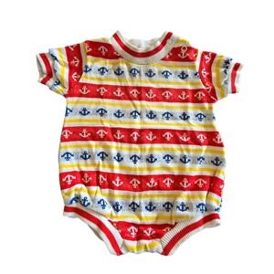 Vintage 80s Healthtex Sailor Romper Outfit 9 months Red Yellow Blue Stripe Baby